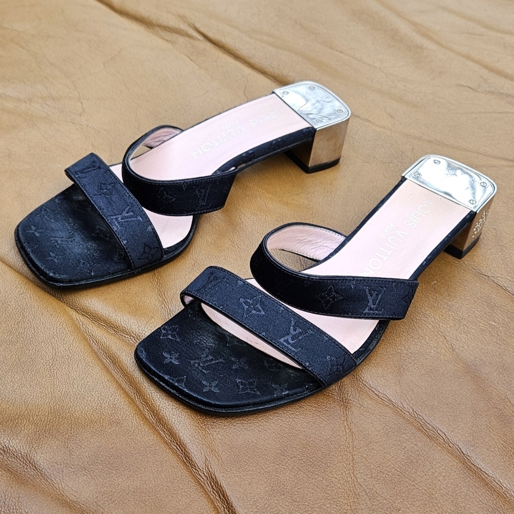 Women's Louis Vuitton Black Blended Fabric Leather Sandals Heels Size 4 US - Picture 10 of 16